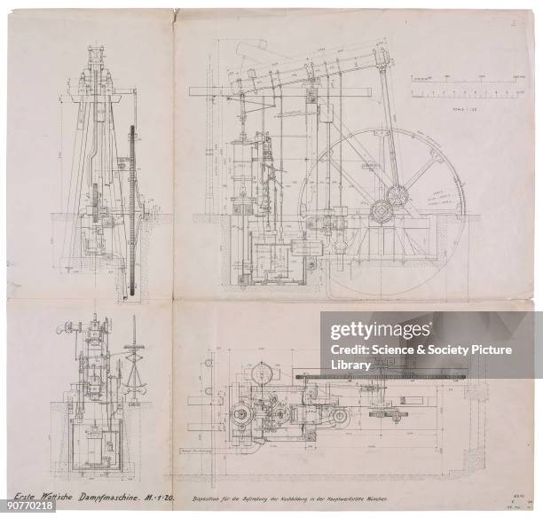 Drawings made in 1912 by the Deutsches Museum, Munich. The first recorded steam engine was built in 1712 by Thomas Newcomen. James Watt was asked to...