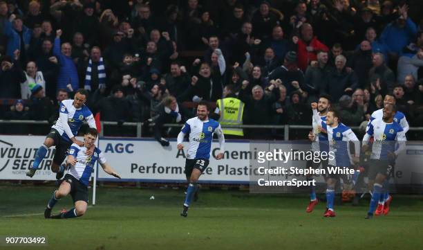 Blackburn Rovers' Richard Smallwood celebrates scoring his side's second and winning goal with team-mate Elliott Bennett during the Sky Bet League...