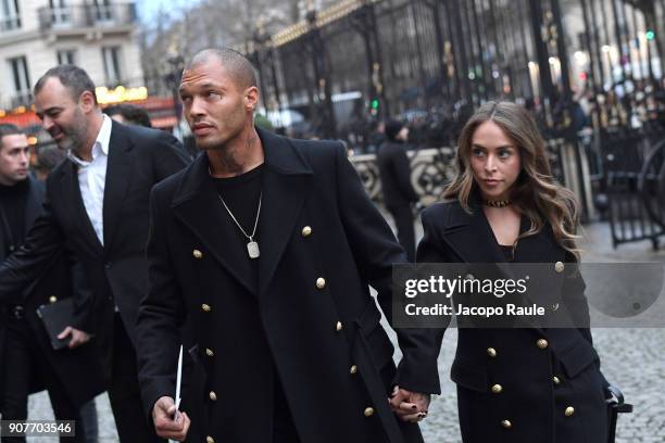 Jeremy Meeks and Chloe Green arrive at Balmain Homme Menswear Fall/Winter 2018-2019 show as part of Paris Fashion Week on January 20, 2018 in Paris,...