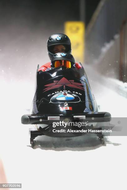 Kaillie Humphries and Phylicia George of Canada compete at Deutsche Post Eisarena Koenigssee during the BMW IBSF World Cup Women`s Bobsleigh World...