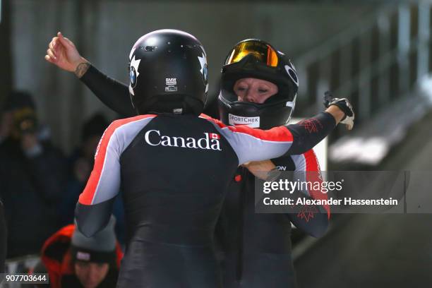 Kaillie Humphries and Phylicia George of Canada reacts at Deutsche Post Eisarena Koenigssee after the BMW IBSF World Cup Women`s Bobsleigh World Cup...