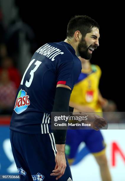 Nikola Karabatic of France reacts during the Men's Handball European Championship main round match between Sweden and France at Arena Zagreb on...