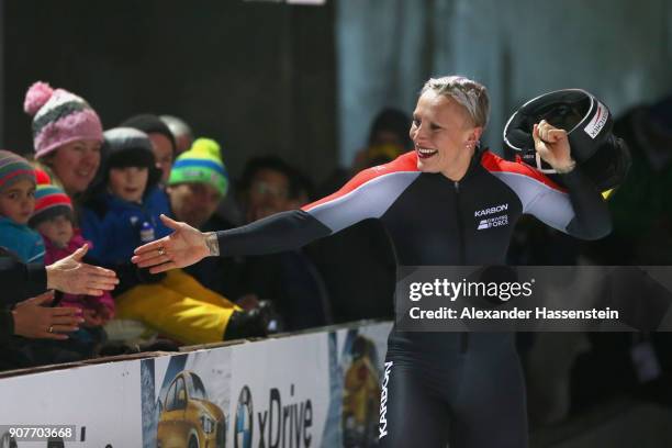 Kaillie Humphries of Canada reacts at Deutsche Post Eisarena Koenigssee after the BMW IBSF World Cup Women`s Bobsleigh World Cup on January 19, 2018...