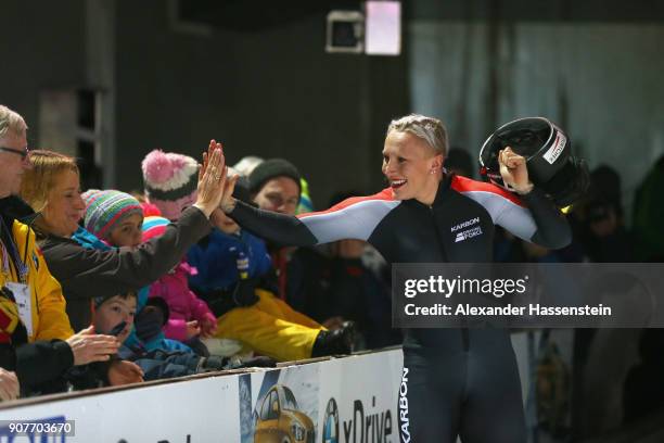 Kaillie Humphries of Canada reacts at Deutsche Post Eisarena Koenigssee after the BMW IBSF World Cup Women`s Bobsleigh World Cup on January 19, 2018...