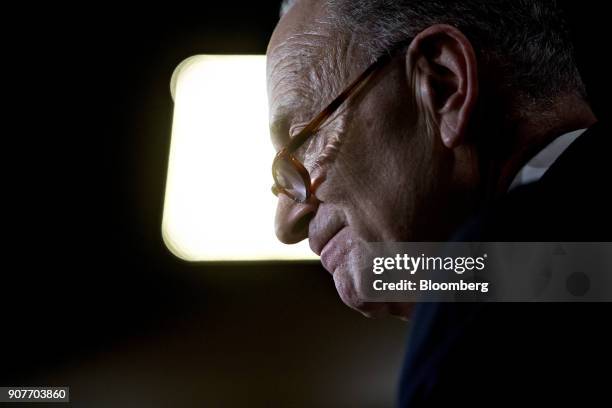 Senate Minority Leader Chuck Schumer, a Democrat from New York, listens to a question during a news conference at the U.S. Capitol in Washington,...