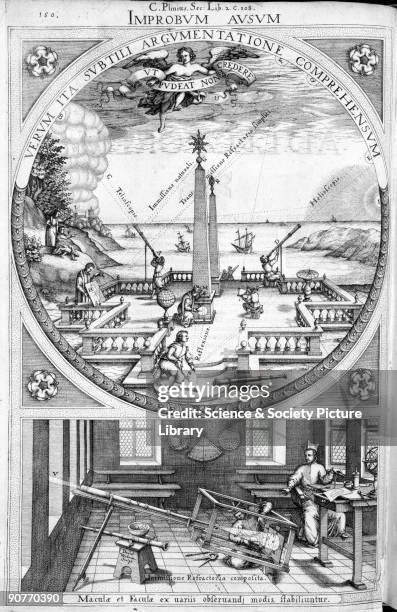 Engraved plate taken from 'Rosa Ursina' by the German astronomer and mathematician Christoph Scheiner , depicting astronomers using telescopes and...