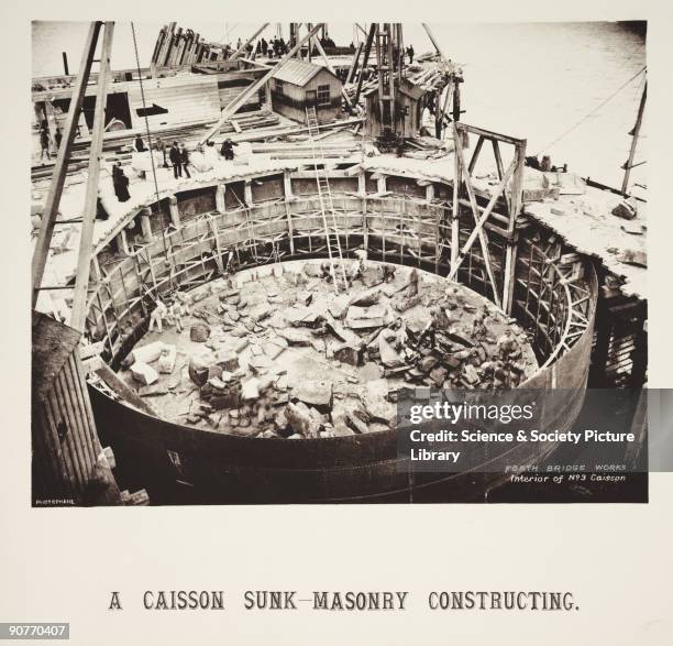 Photograph of a caisson pier under construction for the Forth Railway Bridge, Scotland, taken by an unknown photographer in 1885. This image is taken...