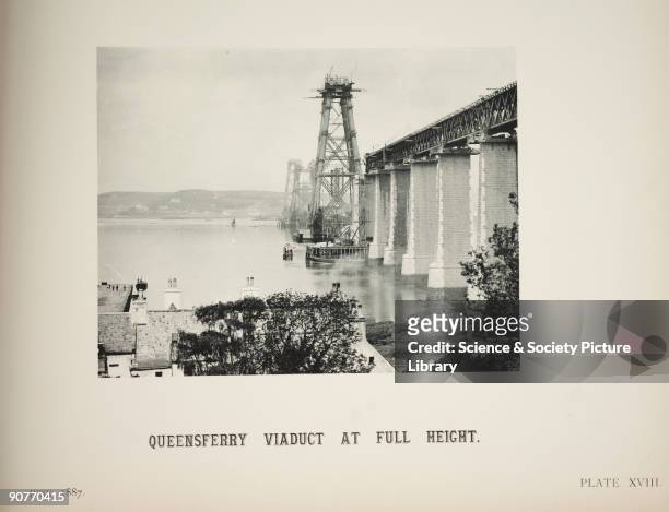 Photograph of the Forth Railway Bridge viaduct under construction, taken by an unknown photographer in 1887. This image is taken from 'The Forth...