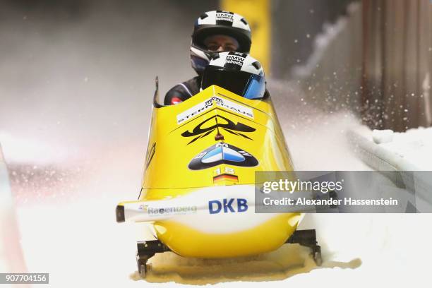 Stephanie Schneider and Annika Drazek of Germany compete at the Deutsche Post Eisarena Koenigssee during the BMW IBSF World Cup Women`s Bobsleigh...