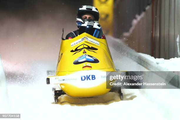 Stephanie Schneider and Annika Drazek of Germany compete at the Deutsche Post Eisarena Koenigssee during the BMW IBSF World Cup Women`s Bobsleigh...