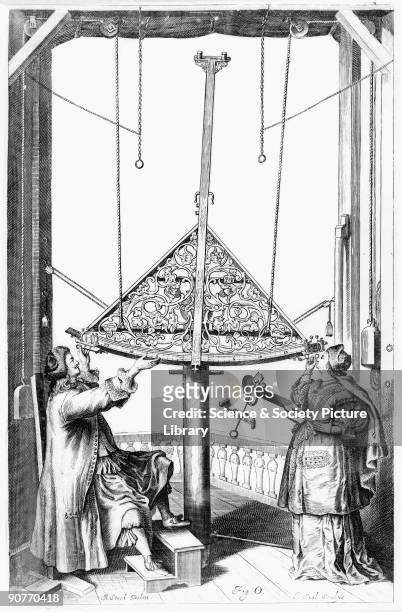Astronomers using Hevelius' double-arc brass octant, 1673. Plate taken from 'Machina Coelestis' by Johannes Hevelius . Hevelius was an early German...