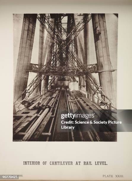 Photograph of the Forth Railway Bridge, Scotland, looking along the level of the railway track, taken by an unknown photographer in December 1888....