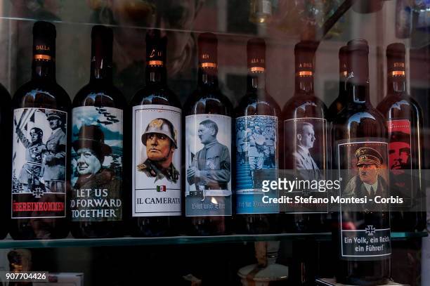 Shop in the centre of Rome near the Ministry of Interior shows bottles of wine with pictures of Mussolini, Hitler, Lenin and Stalin on January 20,...