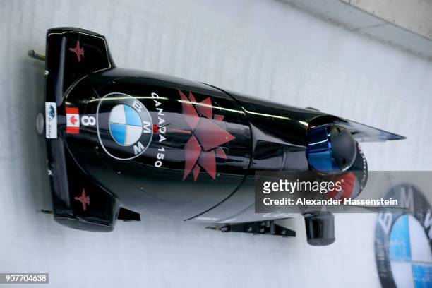Alysia Rissling and Heather Moyse of Canada compete at Deutsche Post Eisarena Koenigssee during the BMW IBSF World Cup Women`s Bobsleigh World Cup on...