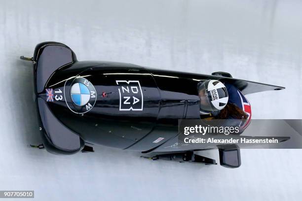 Mica Mc Neill and Montell Douglas of Great Britain compete at Deutsche Post Eisarena Koenigssee during the BMW IBSF World Cup Women`s Bobsleigh World...