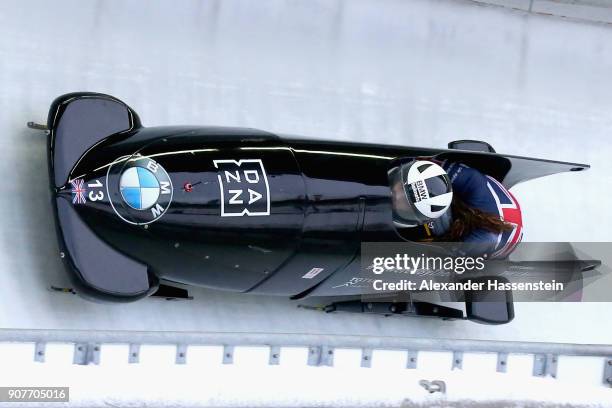 Mica Mc Neill and Montell Douglas of Great Britain compete at Deutsche Post Eisarena Koenigssee during the BMW IBSF World Cup Women`s Bobsleigh World...