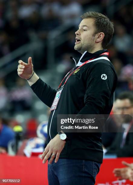 Kristjan Andresson, head coach of Sweden reacts during the Men's Handball European Championship main round match between Sweden and France at Arena...