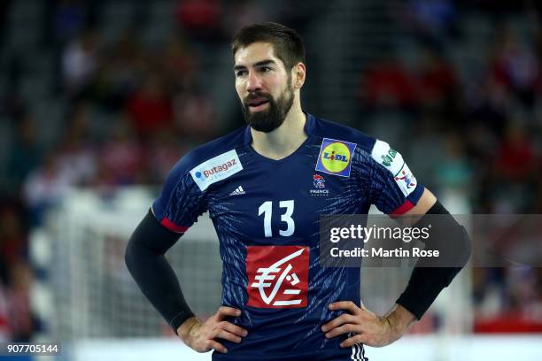 Nikola Karabatic of France reacts during the Men's Handball European Championship main round match between Sweden and France at Arena Zagreb on...