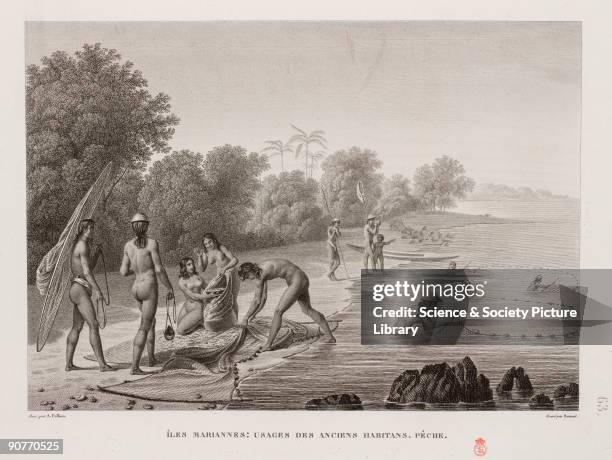 Fishing scene on of the Mariana Islands in Micronesia. Illustration from �Voyage autour du monde: entrepris par ordre du Roi_execute sur les...