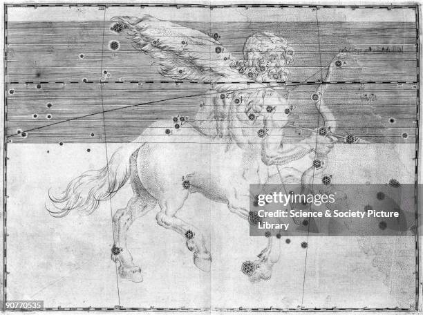 Illustration taken from 'Uranometria' by Johann Bayer, showing the zodiacal constellation of Sagittarius . German astronomer and lawyer Johann Bayer...