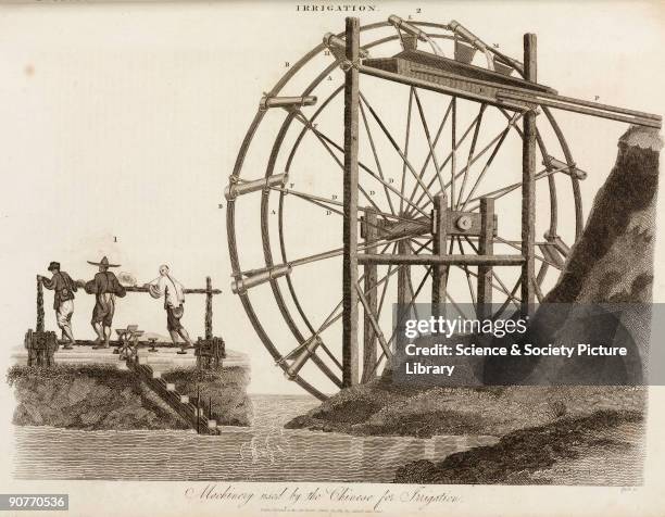 Engraving by J Pass showing Chinese men on a treadmill which turns a waterwheel to irrigate the land. The water is lifted in bamboo tubes. Artistic...