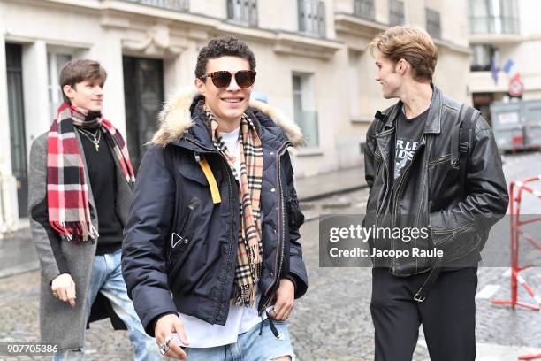 Nick Truelove and model arrive at Balmain Homme Menswear Fall/Winter 2018-2019 show as part of Paris Fashion Week on January 20, 2018 in Paris,...