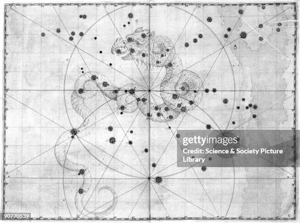 Illustration taken from 'Uranometria' by Johann Bayer, showing Draco , a constellation near to the celestial north pole. German astronomer and lawyer...