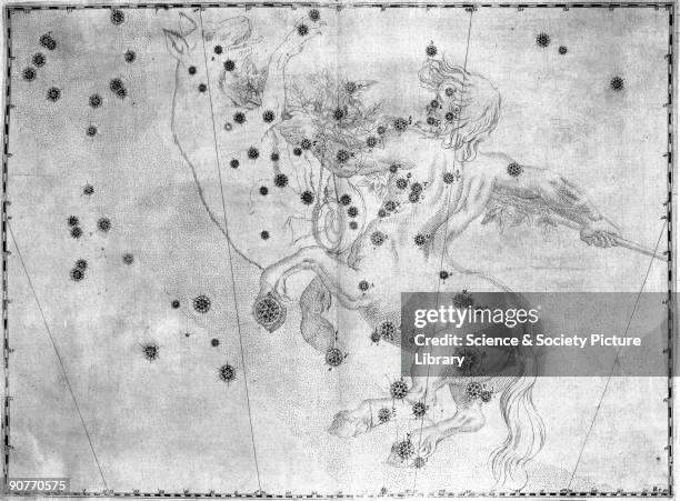 Illustration taken from 'Uranometria' by Johann Bayer, showing consellations of Centaurus. Alpha Centauri is the star positioned on the front hoof of...