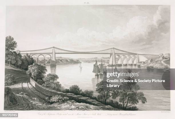 View of the suspension bridge erected over the Menai Strait in North Wales - looking towards Plasnewydd and Caernarvon�. The bridge connecting the...