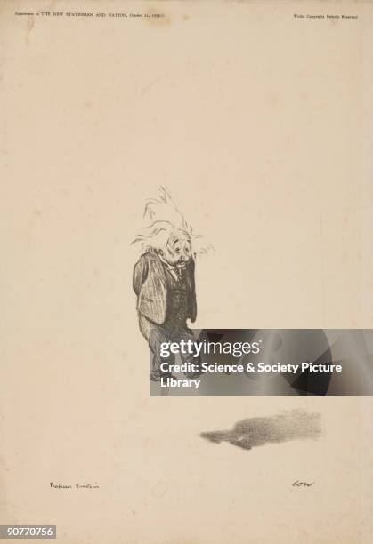Cartoon by Low of Albert Einstein , theoretical physicist who made fundamental contributions to physics. His Special Relativity Theory posits that...