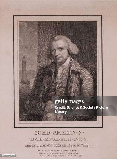 Engraving by William Bromley after an original painting by Mather Brown, of John Smeaton in front of a seascape showing the Eddystone Lighthouse....