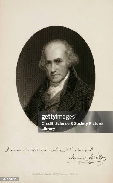 Engraving by W H Mote after William Beecheys� portrait, with Watt�s signature. Frontispiece from 'Stationary engine driving: a practical manual for...