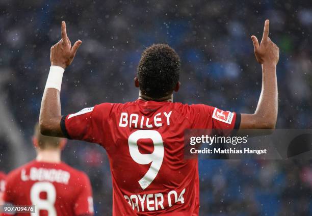 Leon Bailey of Bayer Leverkusen celebrates after he scored a goal to make it 0:1 during the Bundesliga match between TSG 1899 Hoffenheim and Bayer 04...