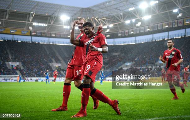 Leon Bailey of Bayer Leverkusen celebrates after he scored a goal to make it 0:1 during the Bundesliga match between TSG 1899 Hoffenheim and Bayer 04...