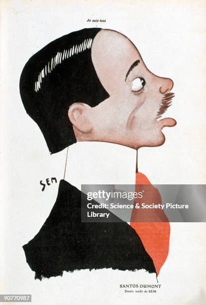 Illustrated colour plate by Serge Goursat taken from 'Je Sais Tout' published in Paris, 15 August 1905. Santos-Dumont was a pioneer aviator who...