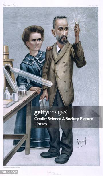 Chromolithograph by Imp of Pierre Curie and his wife Marie who were two of the first people to work on radioactivity, discovering radium and...