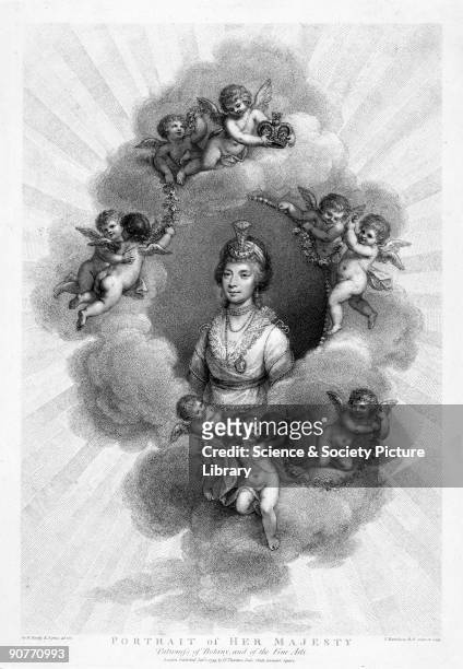 Mixed media engraving by F Bartolozzi after an original oil painting by Sir William Beechey of 1796, showing 'Her Majesty, Patroness of Botany and...