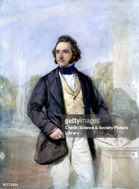Three-quarter length watercolour portrait of Sir Joseph Paxton standing beside a desk with an architectural drawing in his left hand. Paxton began...