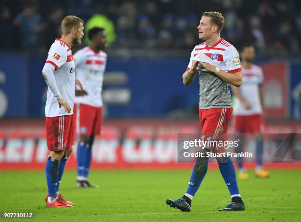 Andre Hahn of Hamburg looks dejected after the second goal during the Bundesliga match between Hamburger SV and 1. FC Koeln at Volksparkstadion on...