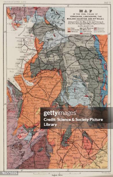 Map showing the distribution of coal and other minerals in Yorkshire, Lancashire, the Midlands and North Wales. Illustration from ��Underground life,...