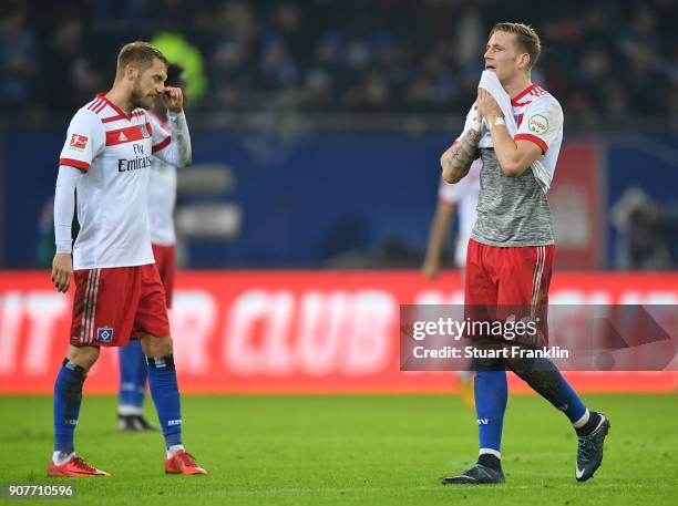 Andre Hahn of Hamburg looks dejected after the second goal during the Bundesliga match between Hamburger SV and 1. FC Koeln at Volksparkstadion on...