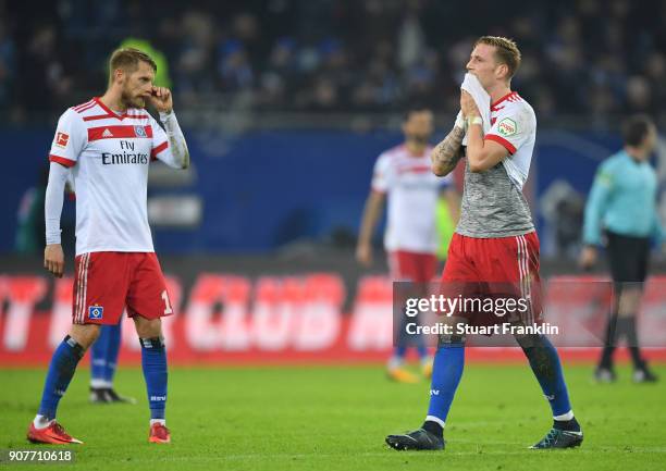 Andre Hahn of Hamburg looks dejected after the second goal during the Bundesliga match between Hamburger SV and 1. FC Koeln at Volksparkstadion on...