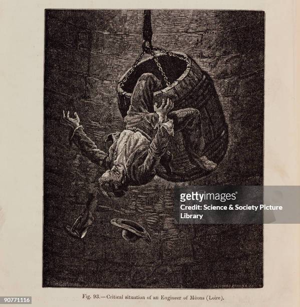 French engineer falls out of a barrel used to transport coal and people between the surface and the coalface. Illustration from �Underground life,...
