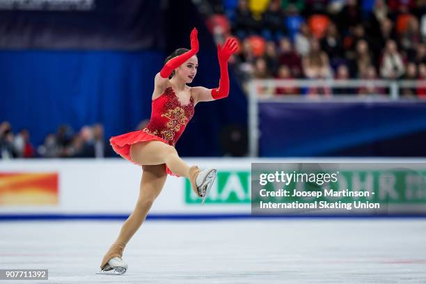 Alina Zagitova of Russia competes in the Ladies Free Skating during day four of the European Figure Skating Championships at Megasport Arena on...