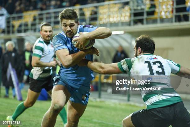 Tom Fowlie of London Irish runs to score during the European Rugby Challenge Cup match between Krasny Yar and London Irish at Avchala Stadium on...