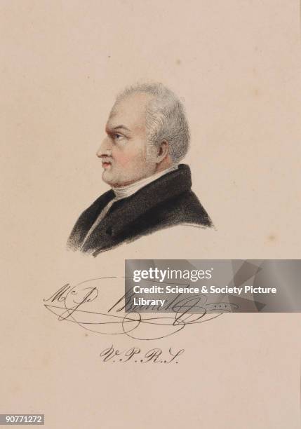 Coloured lithograph of Sir Marc Isambard Brunel who travelled to America where he lived for six years and worked as a land surveyor, an architect and...