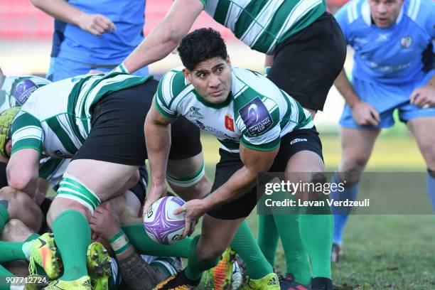 Fangatapu Apikotoa of Krasny Yar with ball during the European Rugby Challenge Cup match between Krasny Yar and London Irish at Avchala Stadium on...