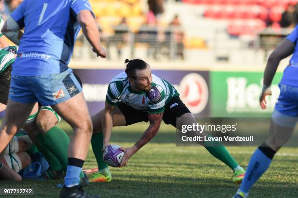 Rushan Iagudin of Krasny Yar with ball during the European Rugby Challenge Cup match between Krasny Yar and London Irish at Avchala Stadium on...