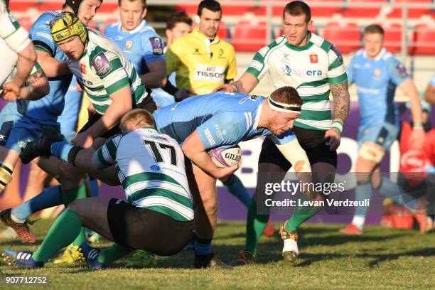 Harry Elrington of London Irish is tackled during the European Rugby Challenge Cup match between Krasny Yar and London Irish at Avchala Stadium on...