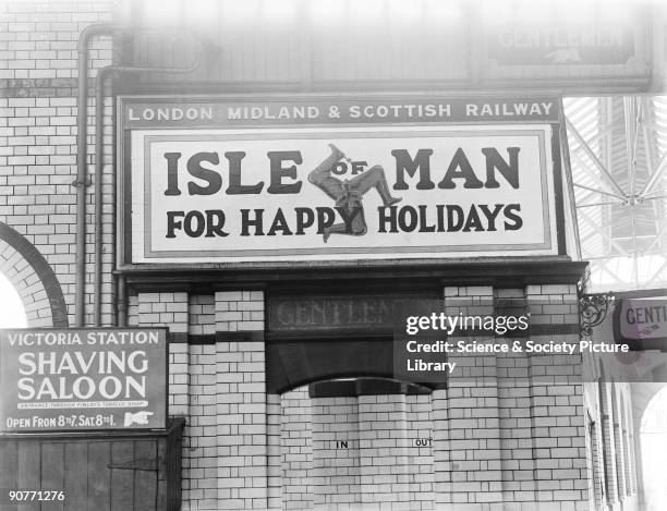 Poster advertising London, Midland & Scottish Railway holidays to the Isle of Man. The LMS provided rail connections to ferries and to trains when...